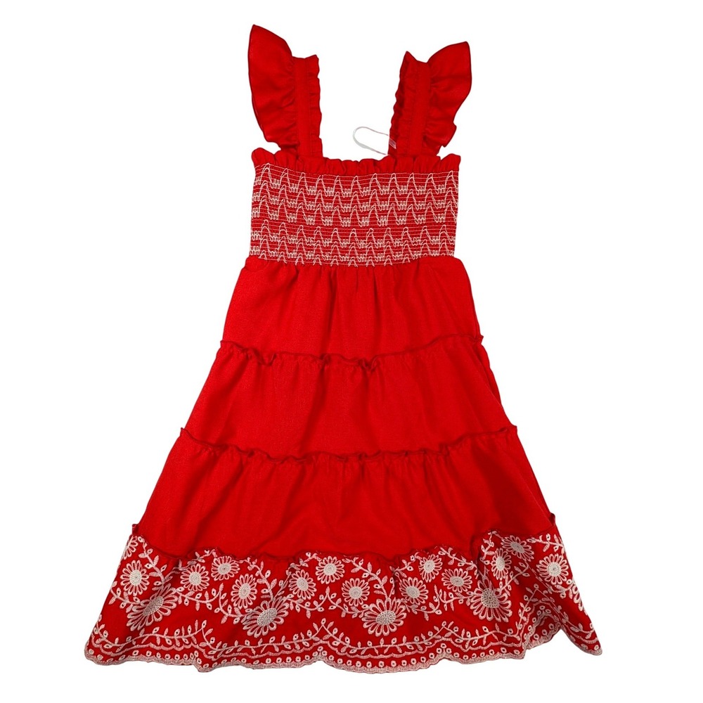 Copper Key Pink Linen & GB Girls Red Embroidered Tiered Dress Bundle of 2 Small - Picture 5 of 15